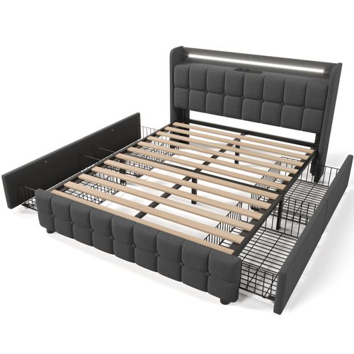 Lit Adulte 160x200 Cm, Lit 2 Place, Avec 4 Tiroirs, Éclairage LED, Prises USB, Lin, Gris