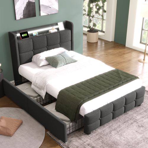 Lit Enfant 90x200 Cm Avec 2 Tiroirs, Éclairage LED, Prises USB, Lin, Gris