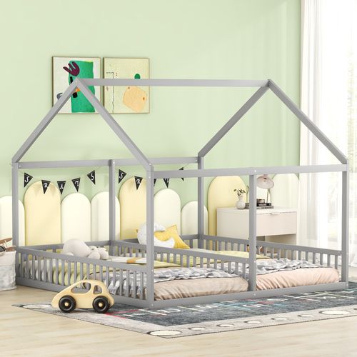 Lit Cabane Enfant 90x200 Cm X 2 Places Avec Sommier, Pin, Gris