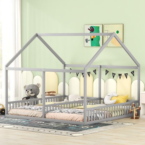 Lit Cabane Enfant 90x200 Cm X 2 Places Avec Sommier, Pin, Gris
