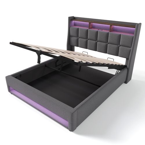 Lit Coffre Adulte 160x200 Cm Avec Rangement, Lit Double Avec LED Et USB, Lin, Gris