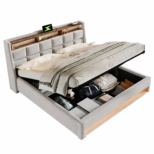 Lit Coffre Adulte 180x200 Cm Avec Rangement, Lit Double Avec LED Et USB, Lin, Beige