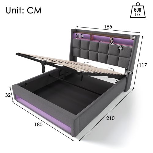Lit Coffre Adulte 180x200 Cm Avec Rangement, Lit Double Avec LED Et USB, Lin, Gris