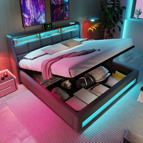 Lit Coffre Adulte 180x200 Cm Avec Rangement, Lit Double Avec LED Et USB, Lin, Gris