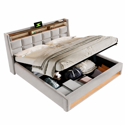 Lit Coffre Adulte 160x200 Cm Avec Rangement, Lit Double Avec LED Et USB, Lin, Beige