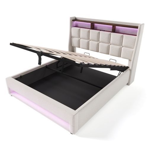 Lit Coffre Adulte 160x200 Cm Avec Rangement, Lit Double Avec LED Et USB, Lin, Beige
