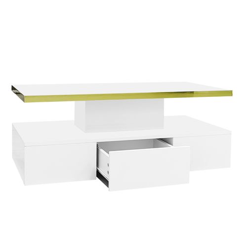 Table Basse 100x50x38,5 Cm Avec LED, 1 Tiroir, Finition Brillante, Panneau De Particules, Blanc