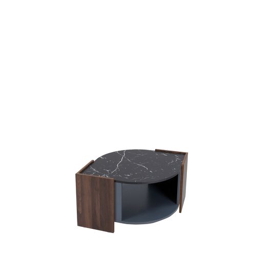 Table Basse 96,5x63x40 Cm Avec Placage à Fini Marbre, Compartiment Rangement, Noir Et Effet Noyer