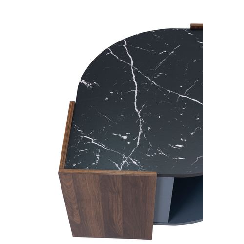 Table Basse 96,5x63x40 Cm Avec Placage à Fini Marbre, Compartiment Rangement, Noir Et Effet Noyer
