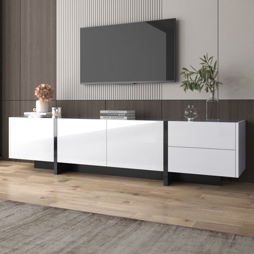 Meuble TV 190x45x35 cm Blanc Brillant, 3 Portes, 2 Tiroirs, Panneaux Particules
