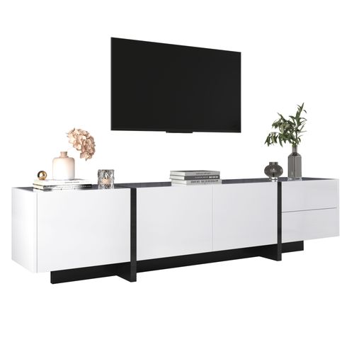 Meuble TV 190x45x35 cm Blanc Brillant, 3 Portes, 2 Tiroirs, Panneaux Particules