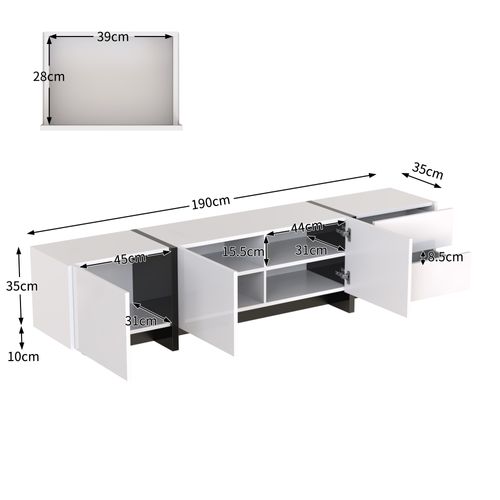 Meuble TV 190x45x35 cm Blanc Brillant, 3 Portes, 2 Tiroirs, Panneaux Particules
