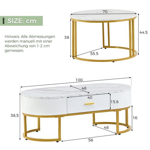 Lot De 2 Table Basse 100x48x38,5/70x70x44.5cm, 1 Tiroir, Plateau Texturé Marbre, Blanc + Or