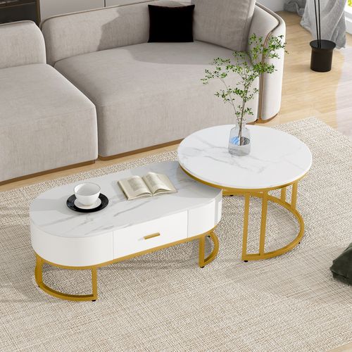 Lot De 2 Table Basse 100x48x38,5/70x70x44.5cm, 1 Tiroir, Plateau Texturé Marbre, Blanc + Or