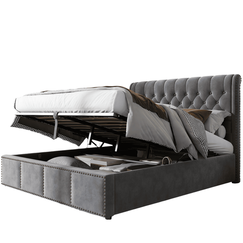 Lit Adulte 160x200 Cm Avec Rangement, Sommier, Dossier, En Velours, Gris