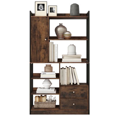 Bibliothèque 100x30x173,5 Cm Avec 1 Porte, 2 Tiroirs, Étagères Ajustables, Noir Et Brun