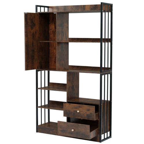 Bibliothèque 100x30x173,5 Cm Avec 1 Porte, 2 Tiroirs, Étagères Ajustables, Noir Et Brun