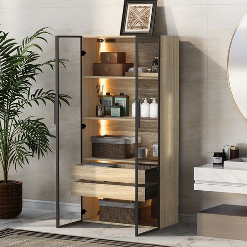 Vitrine LED 74x36x155 Cm Avec 2 Tiroirs Et 2 Portes Vitrées, Mdf, Couleur Bois