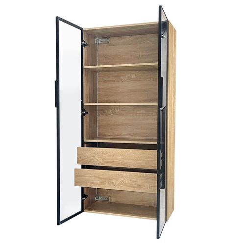 Vitrine LED 74x36x155 Cm Avec 2 Tiroirs Et 2 Portes Vitrées, Mdf, Couleur Bois