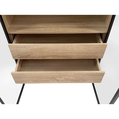 Vitrine LED 74x36x155 Cm Avec 2 Tiroirs Et 2 Portes Vitrées, Mdf, Couleur Bois