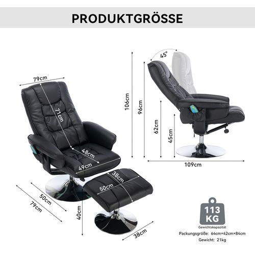 Fauteuil Pivotant 79x79x106 Cm Avec Dossier Réglable, Ottomane, Fonction De Massage, En Pu, Noir