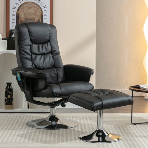 Fauteuil Pivotant 79x79x106 Cm Avec Dossier Réglable, Ottomane, Fonction De Massage, En Pu, Noir