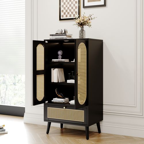 Buffet 60x40x110,5 Cm Avec 2 Portes, 1 Tiroir, Espace De Rangement, En Panneau De Particules, Noir