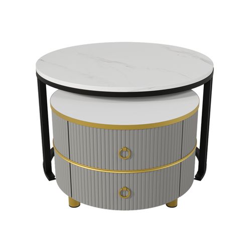 Lot De 2 Table Basse Rond 70x70x46/50x50x40 Cm, 2 Tiroirs, Lateau à Motif Marbre, Gris