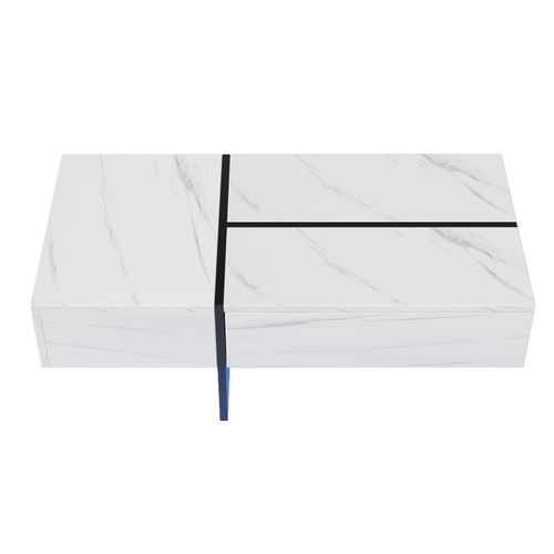 Table Basse 100x50x34,5 Cm Avec LED, 3 Tiroirs, Effet Marbre, Panneau De Particules, Blanc
