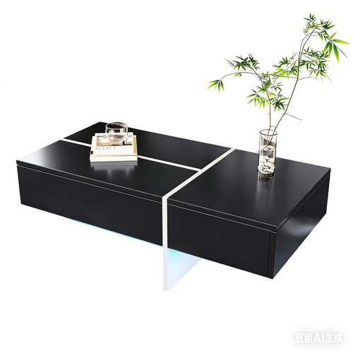 Table Basse 100x50x34,5 Cm Avec LED, 3 Tiroirs, Finition Brillante, Noir