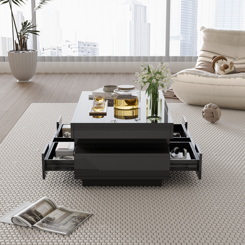 Table Basse 80x50x36 Cm Avec LED Réglable, 4 Tiroirs, Finition Brillante, Noir