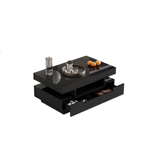 Table Basse 80x50x36 Cm Avec LED Réglable, 4 Tiroirs, Finition Brillante, Noir