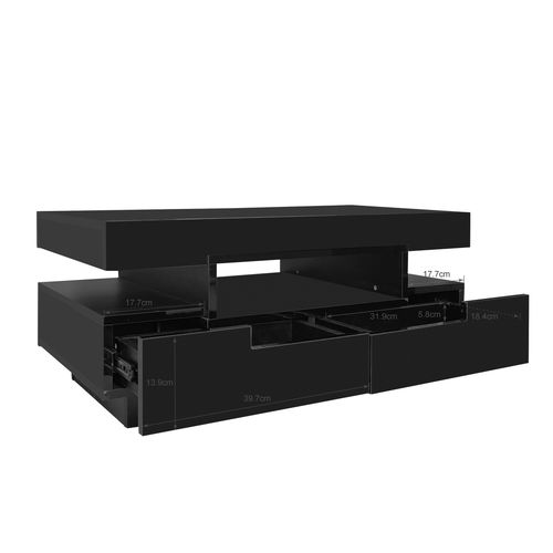 Table Basse 80x50x36 Cm Avec LED Réglable, 4 Tiroirs, Finition Brillante, Noir