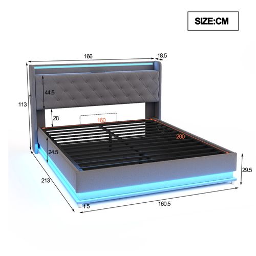 Lit Coffre160x200 Cm Lit Double Avec LED Et Chargement USB, Lin, Gris