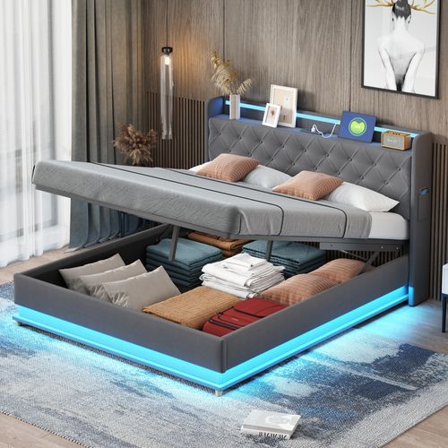Lit Coffre160x200 Cm Lit Double Avec LED Et Chargement USB, Lin, Gris