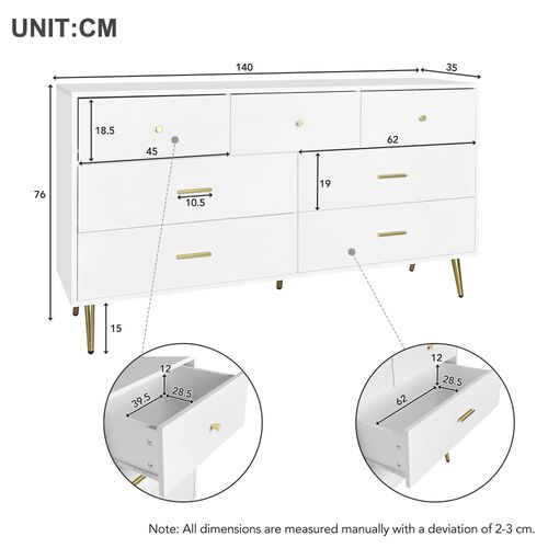 Buffet 140x35x76 Cm Avec 7 Tiroirs, Espace De Rangement, En Panneau De Particules, Couleur Blanc