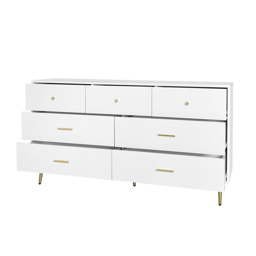 Buffet 140x35x76 Cm Avec 7 Tiroirs, Espace De Rangement, En Panneau De Particules, Couleur Blanc