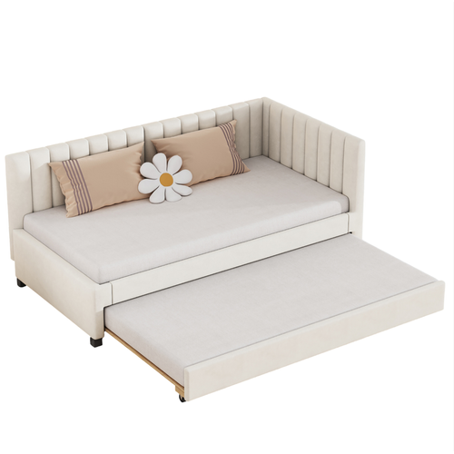 Lit Gigogne 90x200cm Lit Enfant Avec LED, Lit Extensible 90x190 Cm, Sommier, En Velours, Beige