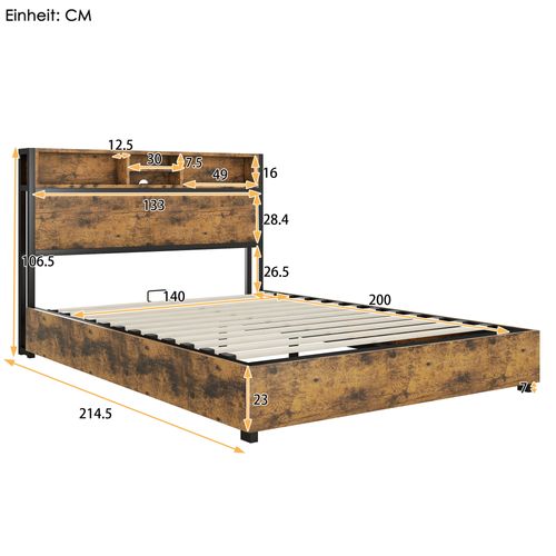 Lit Adulte 140x200 Cm Avec Rangement Hydraulique, Éclairage LED Couleurs, Ports USB, En Bois