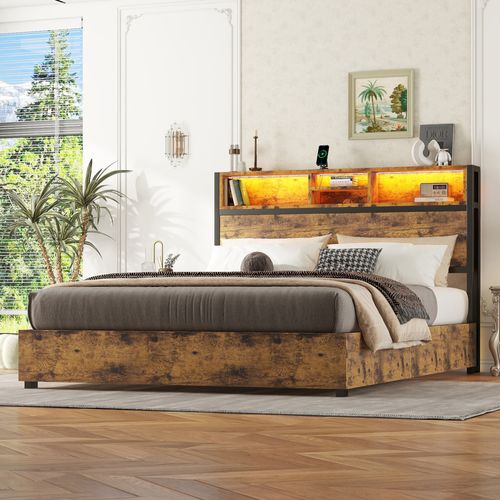 Lit Adulte 140x200 Cm Avec Rangement Hydraulique, Éclairage LED Couleurs, Ports USB, En Bois