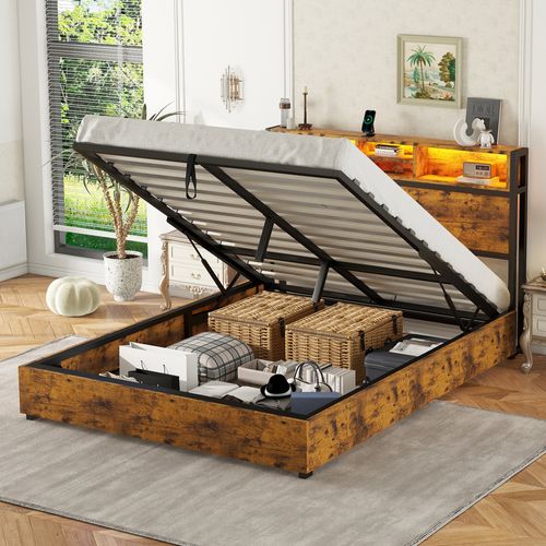 Lit Adulte 140x200 Cm Avec Rangement Hydraulique, Éclairage LED Couleurs, Ports USB, En Bois