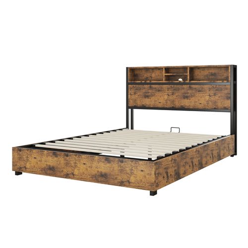Lit Adulte 140x200 Cm Avec Rangement Hydraulique, Éclairage LED Couleurs, Ports USB, En Bois