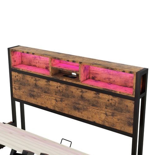Lit Adulte 140x200 Cm Avec Rangement Hydraulique, Éclairage LED Couleurs, Ports USB, En Bois