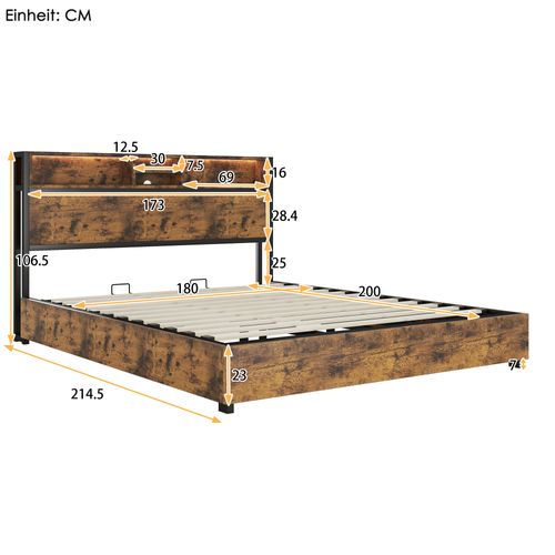 Lit Adulte 180x200 Cm Avec Rangement Hydraulique, Éclairage LED Couleurs, Ports USB, En Bois