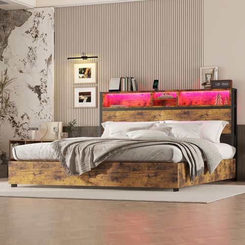 Lit Adulte 180x200 Cm Avec Rangement Hydraulique, Éclairage LED Couleurs, Ports USB, En Bois