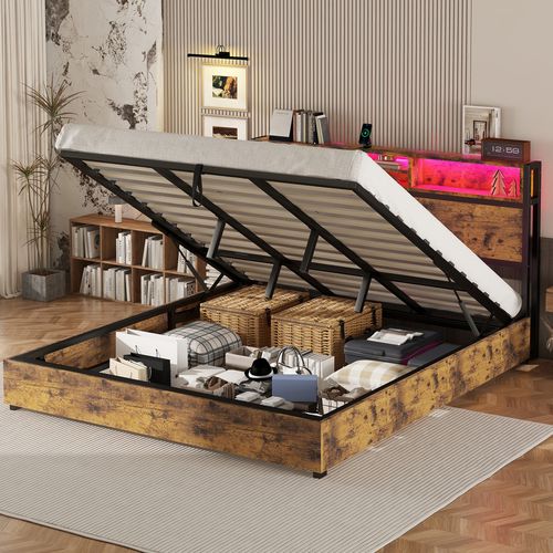 Lit Adulte 180x200 Cm Avec Rangement Hydraulique, Éclairage LED Couleurs, Ports USB, En Bois