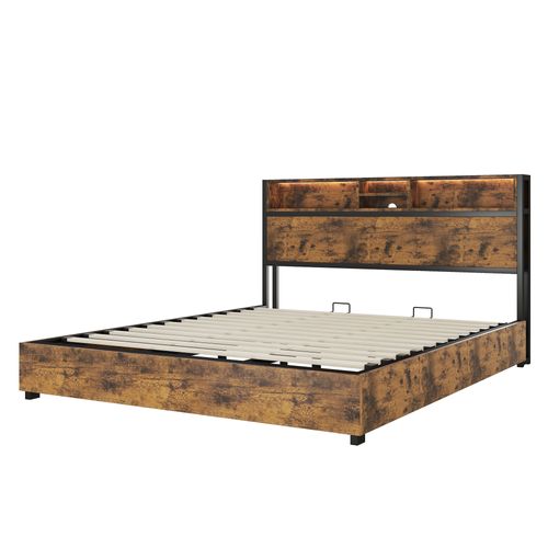 Lit Adulte 180x200 Cm Avec Rangement Hydraulique, Éclairage LED Couleurs, Ports USB, En Bois
