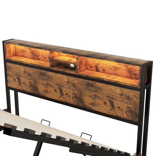 Lit Adulte 180x200 Cm Avec Rangement Hydraulique, Éclairage LED Couleurs, Ports USB, En Bois