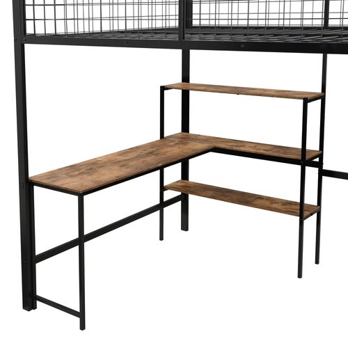 Lit Mezzanine 140x200 Cm, Lit En Fer Avec Bureau Et Armoire Intégrée, MDF, Noir