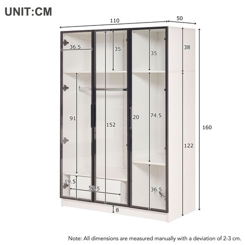 Armoire Moderne 100x50x160cm, 3 Portes Vitrées, 1 Tiroir, 1 Tringle à Vêtements, LED, Blanc